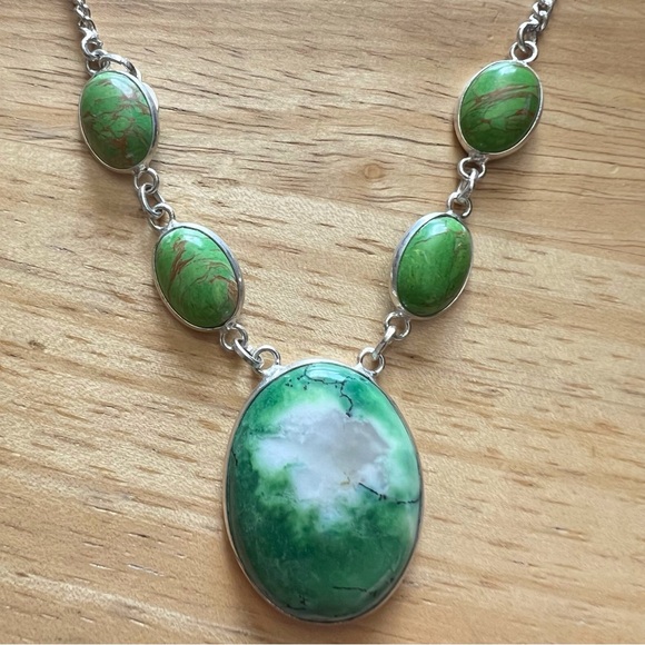 New Green Dendritic Opal Stone w Mosaic Jasper Silver Overlay Necklace 17” - Picture 5 of 13